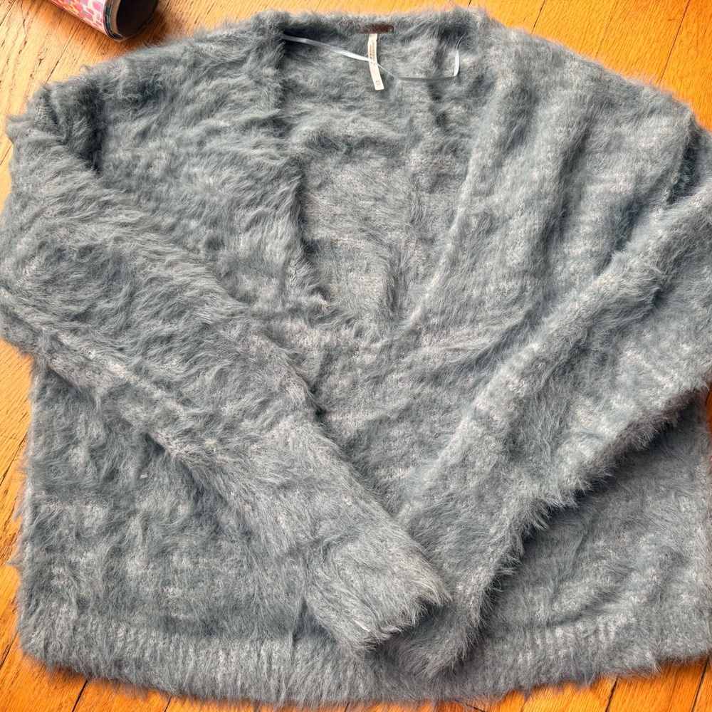 Free People Fuzzy GrayBlue V-Neck Sweater